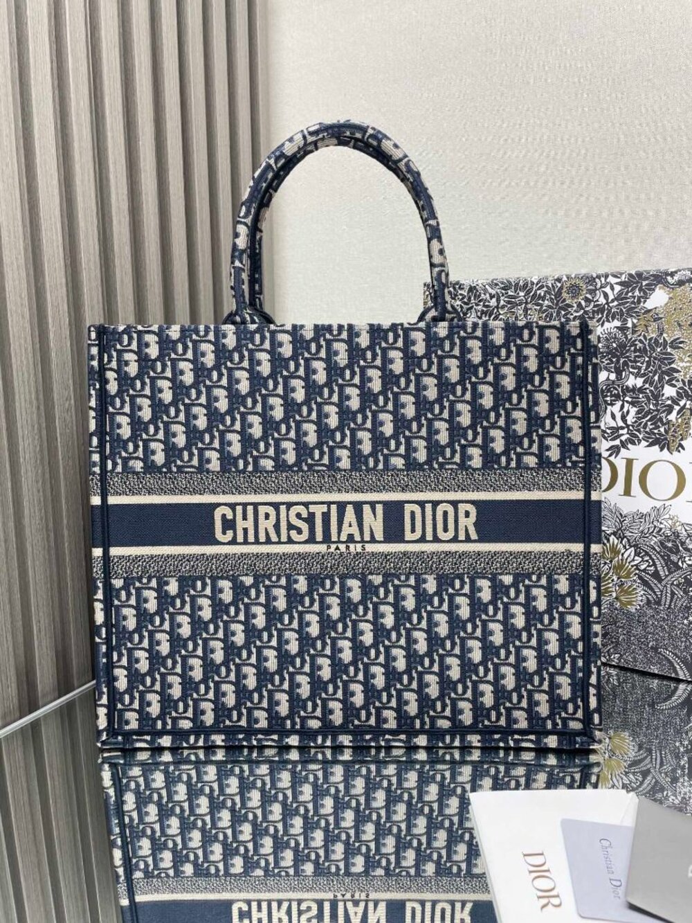 CHRISTIAN DIOR blue Oblique canvas LARGE BOOK Tote Bag